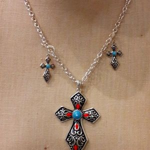 Nwot Cross Tourqoise & coral necklace & earrings set